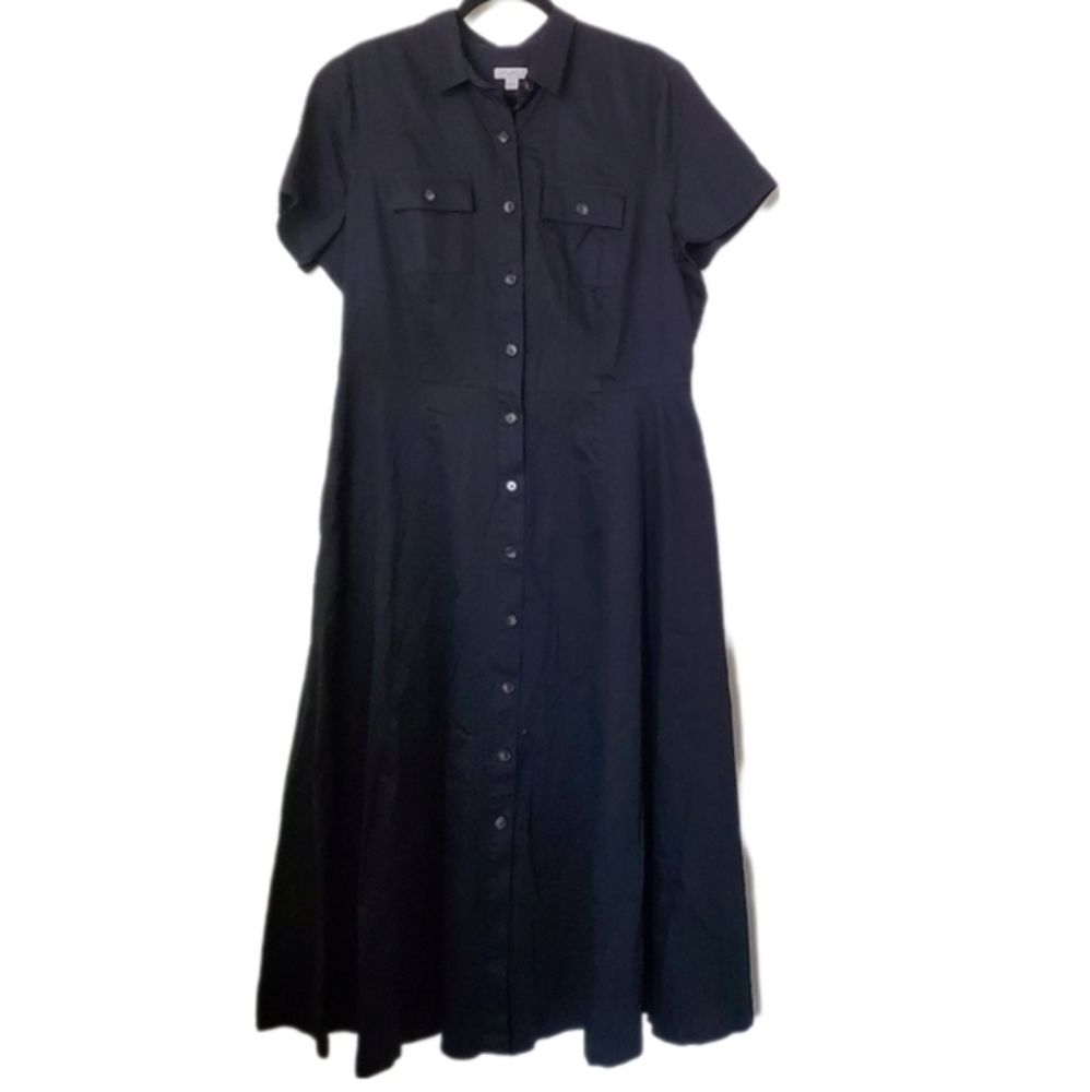 J. Jill Women's Black Cotton Academia Maxi Shirt Dress with Short Sleeves